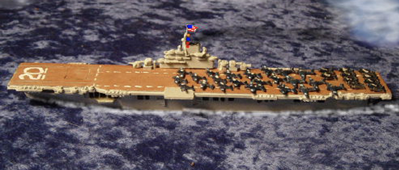 Shot of aircraft carrier with scale model aircraft on deck